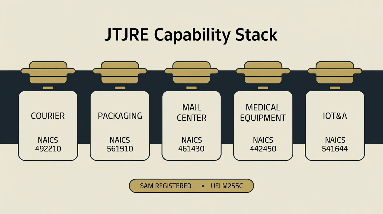 JTJRE Corp capability stack, federal contracting pillars: courier, packaging, mail center, medical equipment, IOT&A, industrial machinery, program management